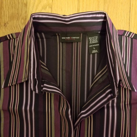 New York & Co. Stretch L/S V-Neck Button Up Striped Shirt Purple Womens Sz Large - Picture 5 of 10